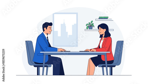 Man and Woman Sitting at Desk.