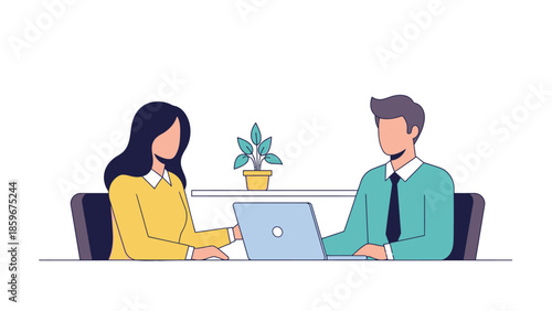 Man and Woman Working Together on Laptop.