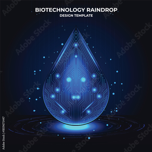Futuristic water droplet with circuit board: biotechnological innovation for environmental protection. Symbol of ecological sustainability and green technology in a bright vector. Digital water drop