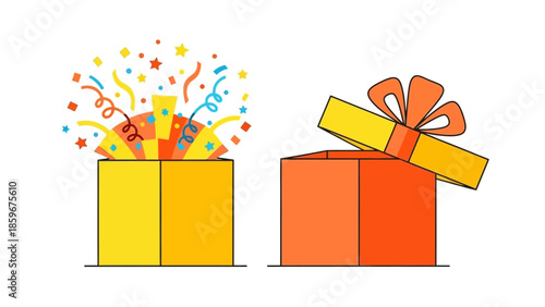 Two Gift Boxes with Ribbon and Confetti.