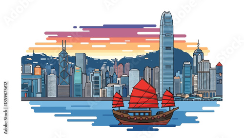 Traditional Chinese Junk Boat City Skyline.