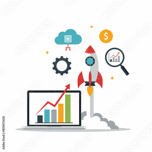 Business Growth Rocket Illustration – Entrepreneur Success Startup Vector Art