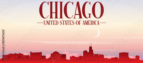 Red panoramic poster of the city skyline with misty background buildings, sunrise, moon and clouds of CHICAGO, UNITED STATES
