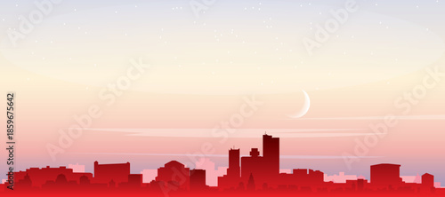 Red panoramic poster of the city skyline with misty background buildings, sunrise, moon and clouds of PHOENIX, UNITED STATES