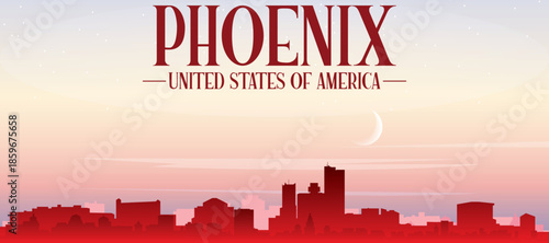 Red panoramic poster of the city skyline with misty background buildings, sunrise, moon and clouds of PHOENIX, UNITED STATES