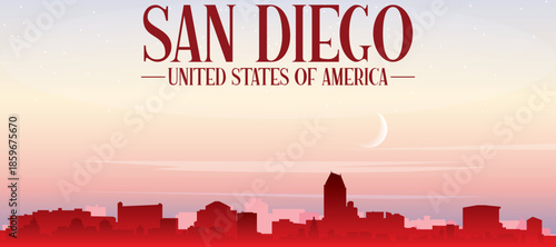 Red panoramic poster of the city skyline with misty background buildings, sunrise, moon and clouds of SAN DIEGO, UNITED STATES