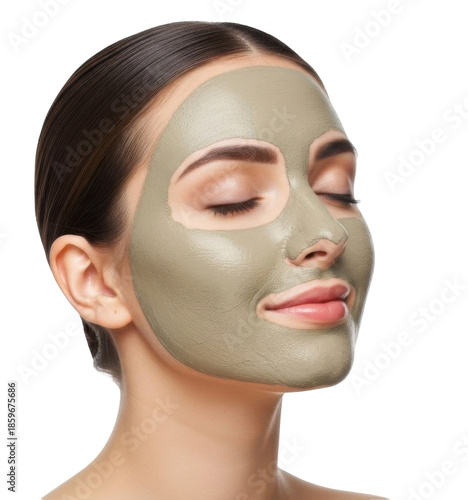 A woman with her eyes closed, wearing a green clay face mask, enjoying a spa treatment.
