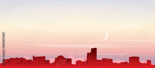 Red panoramic poster of the city skyline with misty background buildings, sunrise, moon and clouds of HOUSTON, UNITED STATES