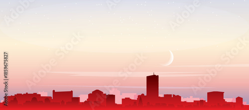 Red panoramic poster of the city skyline with misty background buildings, sunrise, moon and clouds of BOSTON, UNITED STATES