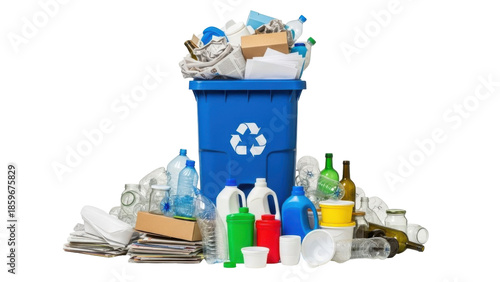 A blue recycling bin overflowing with various recyclable materials, including plastic bottles and paper.