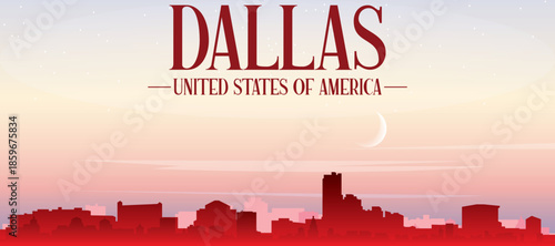 Red panoramic poster of the city skyline with misty background buildings, sunrise, moon and clouds of DALLAS, UNITED STATES