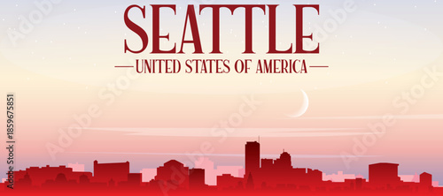 Red panoramic poster of the city skyline with misty background buildings, sunrise, moon and clouds of SEATTLE, UNITED STATES