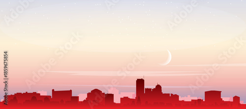 Red panoramic poster of the city skyline with misty background buildings, sunrise, moon and clouds of SEATTLE, UNITED STATES