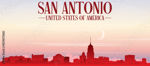 Red panoramic poster of the city skyline with misty background buildings, sunrise, moon and clouds of SAN ANTONIO, UNITED STATES