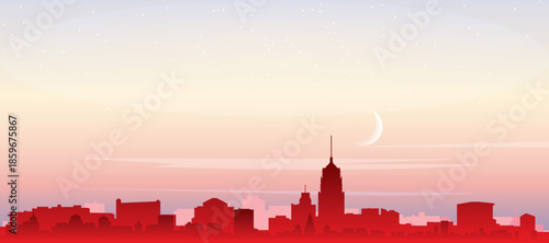 Red panoramic poster of the city skyline with misty background buildings, sunrise, moon and clouds of SAN ANTONIO, UNITED STATES