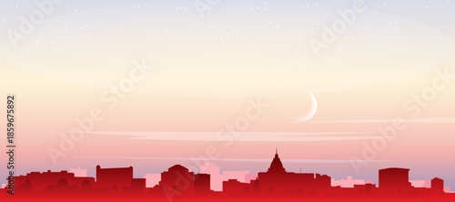 Red panoramic poster of the city skyline with misty background buildings, sunrise, moon and clouds of LA PAZ, BOLIVIA
