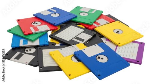 A pile of colorful floppy disks, a relic of older computer technology, stacked together.