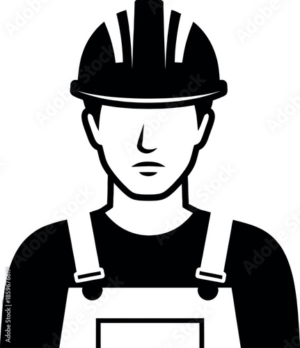 Black and white illustration of a construction worker wearing a hard hat and overalls