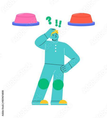 Man choosing button to push. Concept of difficult choice between two options. Colorful vector illustration