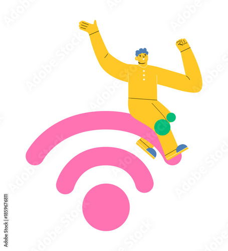 Man sitting on wifi. Concept wireless communication. Colorful vector illustration