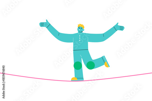 Man walking on balancing slackline rope. Colorful vector illustration