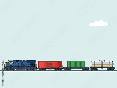 A toy train with colorful cargo containers moving on a track under a light blue sky with a cloud