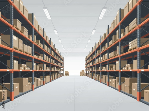 A vast warehouse interior with rows of shelving units filled with cardboard boxes, viewed from the center aisle.