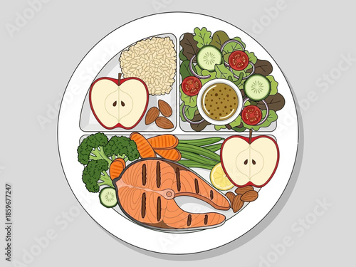 A healthy meal consisting of grilled salmon, fresh vegetables, fruits, and grains, presented on a clean white plate from a top-down viewpoint.