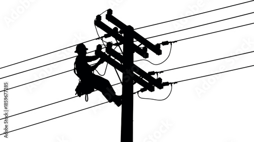 Silhouette of a lineman working on power lines and utility pole at night