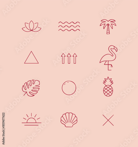 tropical symbol collection line icons lotus monstera beach ball