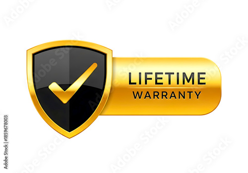 Golden shield with a checkmark and lifetime warranty text on transparent background