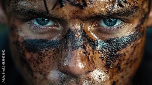 Intense Blue Eyes Staring Fiercely Covered in Dark Mud and Camouflage Paint With Gritty Texture In A Close Up Portrait Outdoors