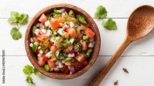 Freshly made pico de gallo in a wooden bowl with a wooden spoon