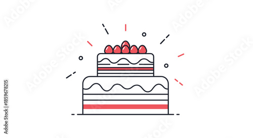 Simple line art illustration of a delicious two-tiered birthday cake with fresh strawberries on top and celebratory sparkle elements.