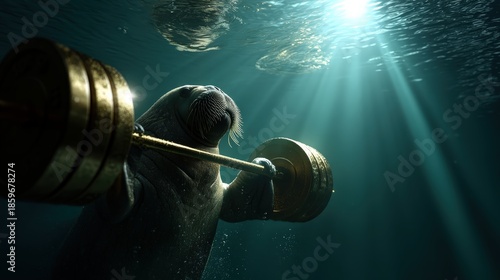 A walrus, submerged and lifting weights, presents a surreal yet humorous scene that challenges perceptions of strength and playfulness within the animal kingdom.