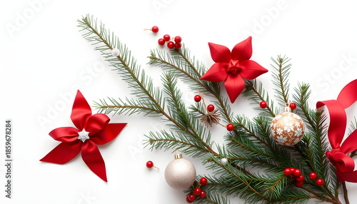 Blank white christmas card composition. Fir branch, festive seasonal decorations, lay flat background template, grunge. White tone