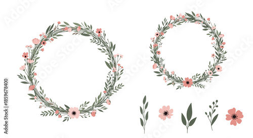 Set of two beautiful floral wreaths and individual botanical elements with pink flowers and green leaves for creating custom designs.