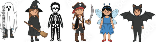 Cute hand drawn flat vector illustration set of diverse children wearing Halloween costumes including ghost witch skeleton pirate fairy and bat