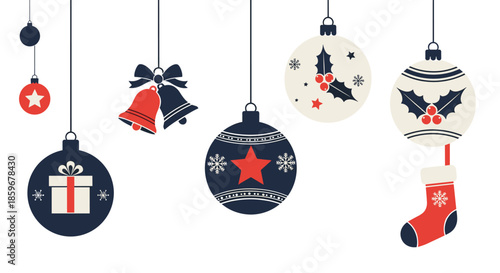 Collection of vintage-style hanging Christmas ornaments including baubles bells and a stocking in a retro red and blue color scheme.