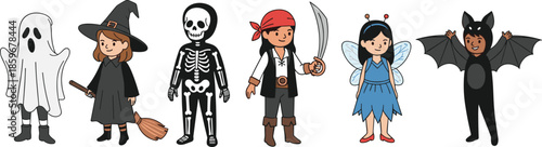 Set of cute children in Halloween costumes featuring a ghost witch skeleton pirate fairy and bat in flat hand drawn style