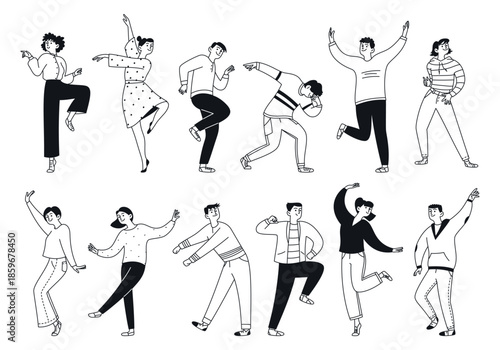 Set of doodle dancing people, men and women. A collection of happy jumping men performing dance moves. Outline, thin line. Vector linear illustration