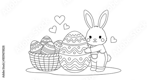 Adorable Easter bunny coloring page featuring a cute rabbit with a large decorated egg and a basket full of smaller eggs for kids.