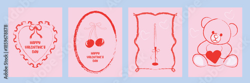 A romantic collection of Valentine's Day greeting cards, hand drawn in red pencil ,hearts, frames, cherries, and a cute teddy bear with a heart. Vector illustration.