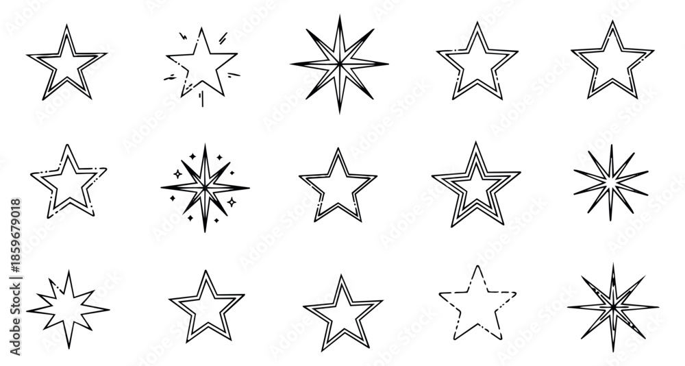Obraz premium Hand drawn line art star icon set featuring various outline shapes and shining designs for graphic elements
