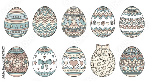 Set of ten beautifully decorated Easter eggs with intricate line patterns in a soft pastel color palette for the spring holiday.