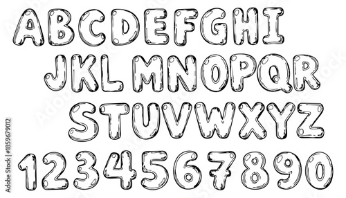 Hand drawn line art bubble alphabet and number set featuring uppercase letters and digits for playful design