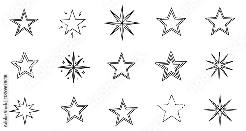 Hand drawn line art star icon set featuring various outline shapes and shining designs for graphic elements