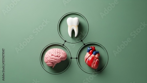 Medical health connection concept between human tooth, brain and heart organs on green background