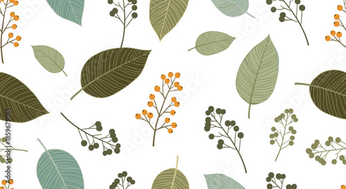 Seamless autumn pattern with stylized leaves and berries in a muted color palette of green and orange for fabric or wallpaper design.