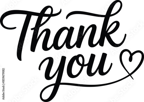 Classic black script Thank you text featuring a delicate heart outline on a clean white surface